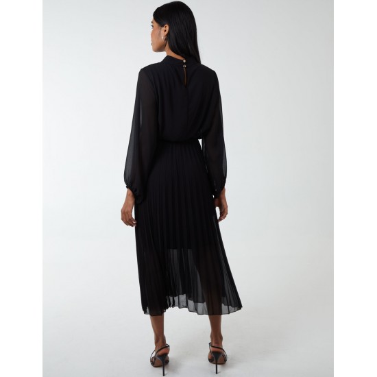 High Neck Pleated Midi Dress