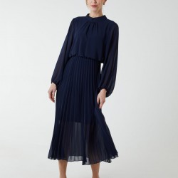 High Neck Pleated Midi Dress