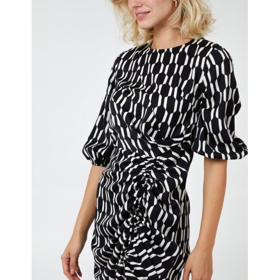 Mono Geometric Print Ruched Hem Dress