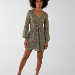 V-Neck Long Sleeve Lurex Dress