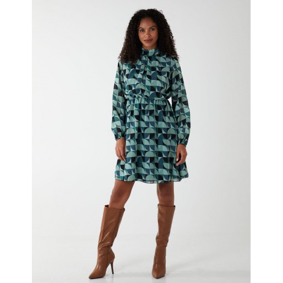 Geometric Print Blouson Dress