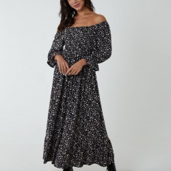 Puff Sleeve Square Neck Shirred Midi Dress