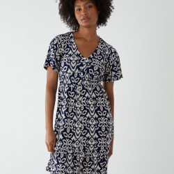 V Neck Shirred Mini Tea Dress With Split