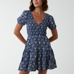 Shirred Bust Mini Dress With Puff Sleeve