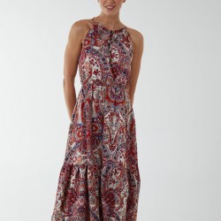 Paisley Halter Neck Keyhole Midi Dress