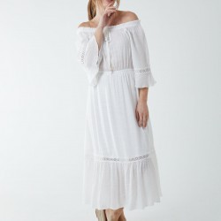 Off Shoulder Elasticated Lace Insert Midi Dress