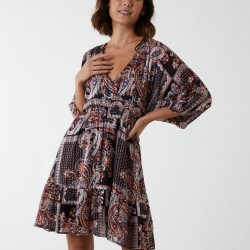 Paisley Wrap Front Pleated Kimono Sleeve Dress