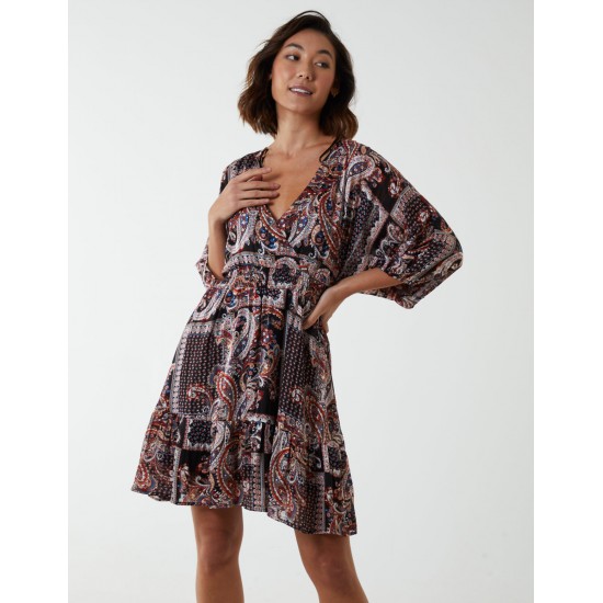 Paisley Wrap Front Pleated Kimono Sleeve Dress