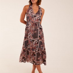 V Front Sleeveless Paisley Midi Dress With Detailed Straps