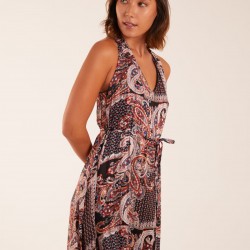 V Front Sleeveless Paisley Midi Dress With Detailed Straps