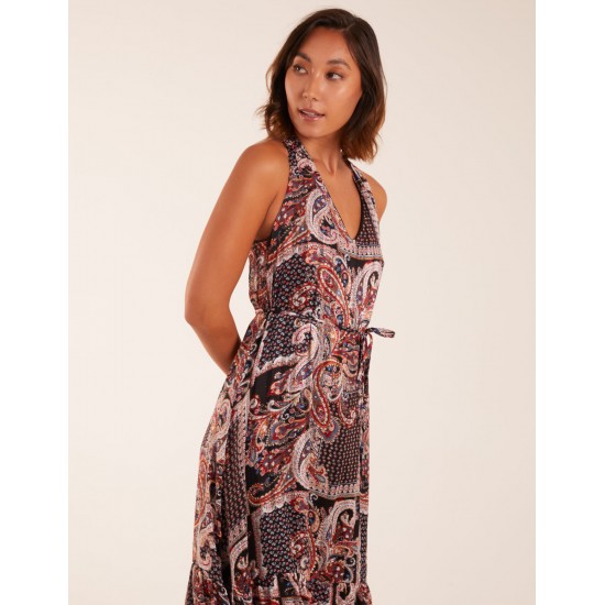 V Front Sleeveless Paisley Midi Dress With Detailed Straps