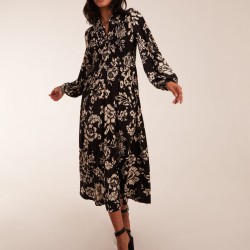 Shirred Bust Long Sleeve Midi Shirt Dress