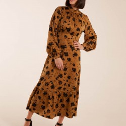 High Neck Midi Dress With Tiered Skirt and Puff Long Sleeve