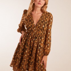 Shirred Waist Leopard Foil Wrap Front Mini Dress