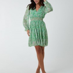 Sheared Waist Tiered Crossover Chiffon Print Dress