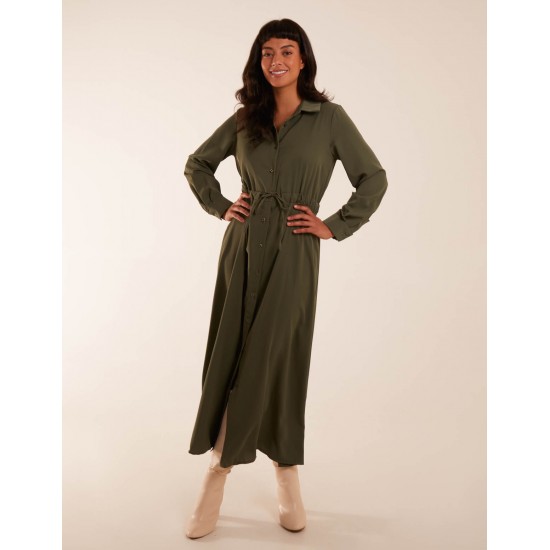 Drawstring Button Through Shirt Maxi Dress