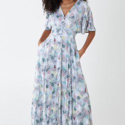 Tropical Leaf Button Through Maxi Dress