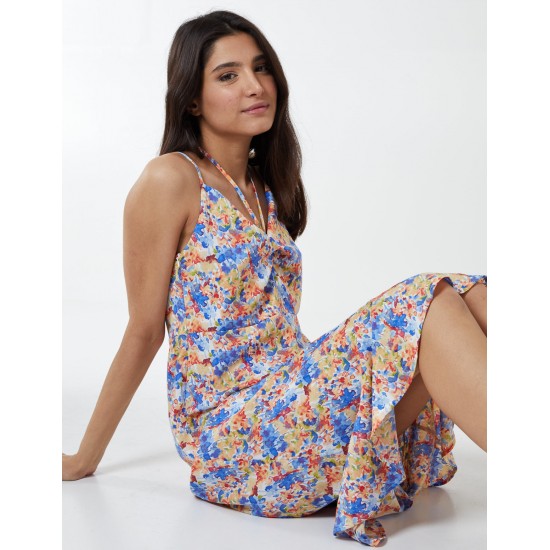 Twist Front Floral Print Midi Dress