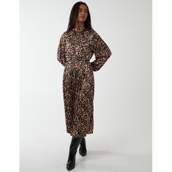 Abstract Animal Print High Neck Blouson Dress