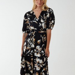 Wrap Front Tier Hem Midi Dress