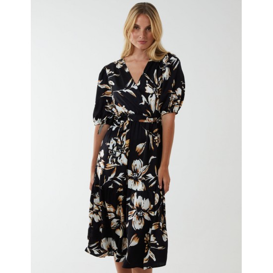 Wrap Front Tier Hem Midi Dress