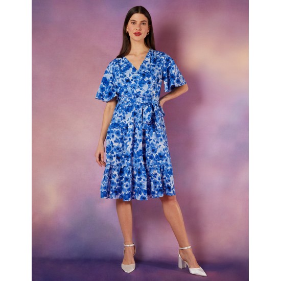 Wrap Front Tier Hem Angel Sleeve Dress