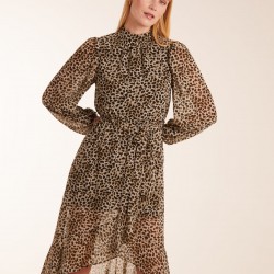 Leopard Print High Neck Wrap Frill Hem Midi Dress