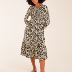 Animal Print Shirred Long Sleeve Midi Dress