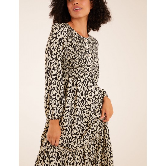 Animal Print Shirred Long Sleeve Midi Dress