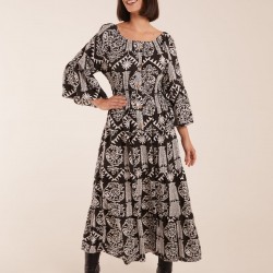 Print Button Front Scoop Neck Maxi Dress