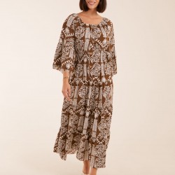 Print Button Front Scoop Neck Maxi Dress