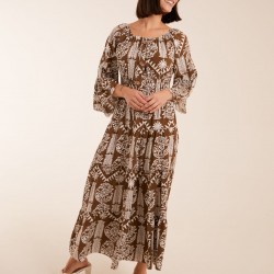 Print Button Front Scoop Neck Maxi Dress