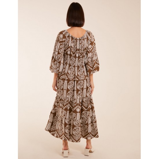 Print Button Front Scoop Neck Maxi Dress